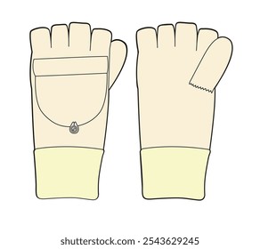 Convertible ribbed gloves design technical flat sketch vector mockup template.