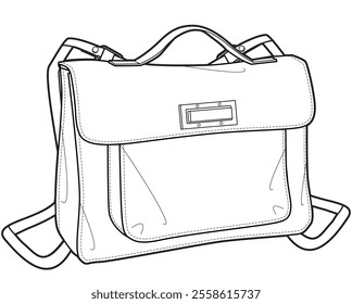 Convertible satchel backpack flat sketch vector illustration technical cad drawing template