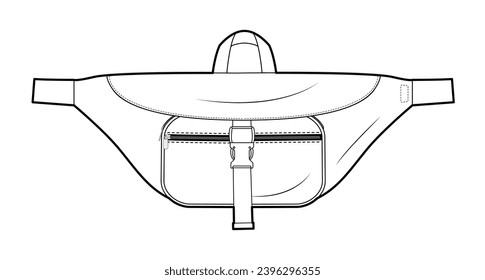 Convertible Waist Pack silhouette bag. Fashion accessory technical illustration. Vector satchel front 3-4 view for Men, women, unisex style, flat handbag CAD mockup sketch outline isolated