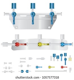 Converting devices part of the System for intravenous infusions with. Part of pressure monitoring kit.  Vector. Parts of the system for intravenous infusions