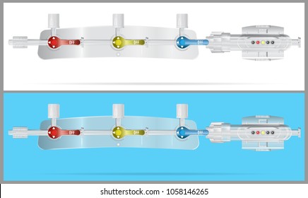 Converting devices part of the System for intravenous infusions with. Part of pressure monitoring kit.  Vector. Parts of the system for intravenous infusions