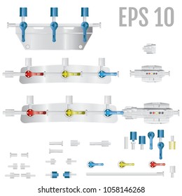 Converting devices part of the System for intravenous infusions with. Part of pressure monitoring kit.  Vector. Parts of the system for intravenous infusions