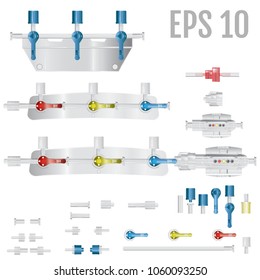 Converting devices part of the System for intravenous infusions with. Part of pressure monitoring kit.  Vector. Parts of the system for intravenous infusions