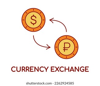 Convertir el dólar en rublo. Monedas con flechas en círculo. Cambio de moneda de texto. Dinero, economía, finanzas, banco. Icono de contorno aislado, estilo plano. Ilustración vectorial.