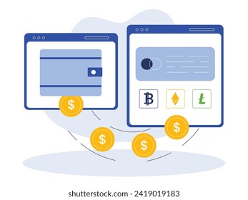 Converting dollars from e wallet to crypto currency, vector illustration.
