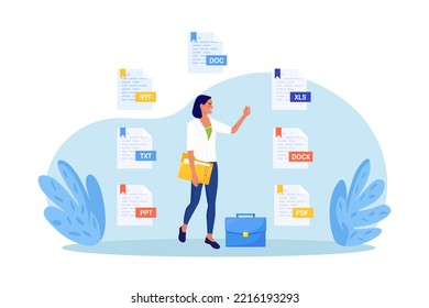 Convirtiendo, intercambiando diferentes formatos de archivo. Mujer compartiendo o enviando con el documento en formato pdf, doc, xls o txt. Conversión de documentos. Servicio en la nube e intercambio de información. Descargar archivos