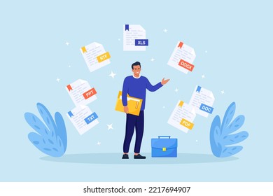 Converting, exchanging different file formats. Man sharing or send with document in pdf, doc, xls or txt format. Documents conversion. Cloud service and information exchange. Download files