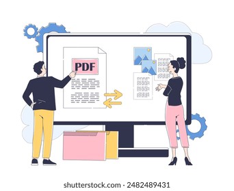 Converting files to Pdf. Man and woman at the computer monitor with documents online. File conversion application. Linear flat vector illustration isolated on white background