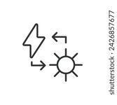 Converting sunlight to electricity icon in line design. Converting, sunlight, electricity, energy isolated on white background vector. Converting sunlight to electricity, editable stroke icon.