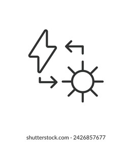 Converting sunlight to electricity icon in line design. Converting, sunlight, electricity, energy isolated on white background vector. Converting sunlight to electricity, editable stroke icon.