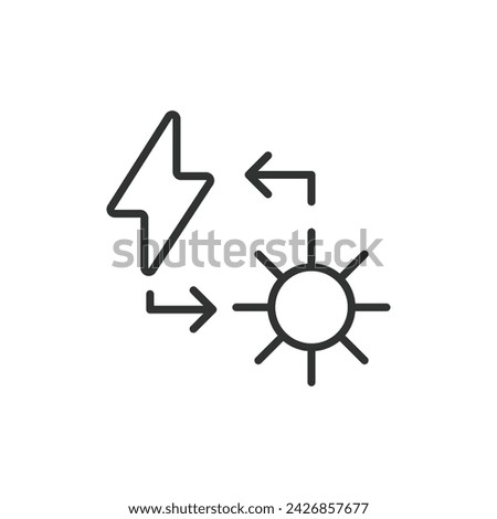Converting sunlight to electricity icon in line design. Converting, sunlight, electricity, energy isolated on white background vector. Converting sunlight to electricity, editable stroke icon.