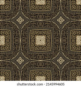 Patrón convexo 3d sin fisuras. Fondo dorado y negro ornamental griega. El tartán tribal de estrépito étnico se repite. La llave de fondo griega serpentea los ornamentos. Cuadrados, marcos, símbolos, labios, líneas, formas