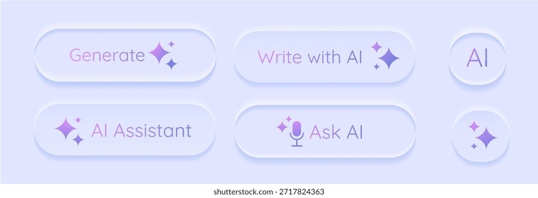 Convex and Concave AI Buttons set. 3d AI Assistant pushbutton. Generate artificial intelligence toggle. LLM magic stars logo. Machine learning text generator. Chatbot assistant. UI design. Vector