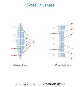 Convex and concave lenses. Types of lenses. Physics illustration.