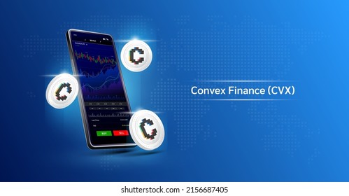 Convex Finance and Phone. App for trading crypto currency on the touch screen smartphone. Data analytics stock market. Trends and financial strategy. Mobile banking cryptocurrency. Vector 3d. 