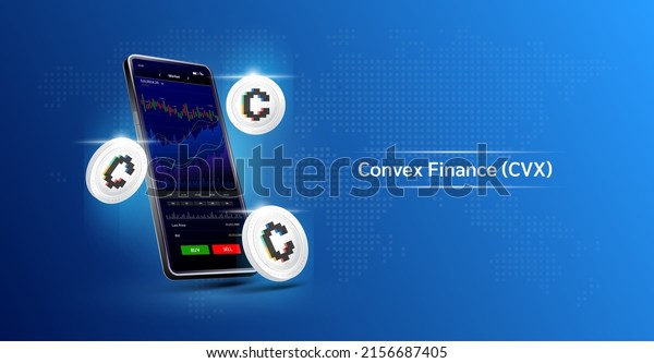 Convex Finance and Phone. App for trading crypto\
currency on the touch screen smartphone. Data analytics stock\
market. Trends and financial strategy. Mobile banking\
cryptocurrency. Vector 3d.\
