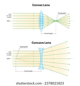 Convex lens and Concave lens diagram. Show ray diverging and converging. For physics, science and education. Vector illustration.