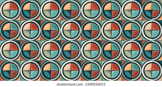 Convex retro circles from quarters. The pattern is filled with four-pointed stars and round retro windows in 3D. For seamless print, textile, pillows, clothing, background, packaging, notepads, cups.