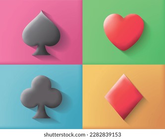 Convex symbol 5 poker symbols black spades red hearts green clubs and blue diamonds under light vector illustration graphic EPS 10