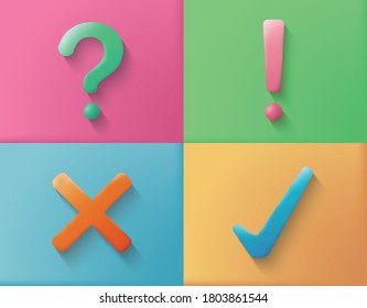 Convex symbol with question mark exclamation mark tick and cross vector illustration EPS 10