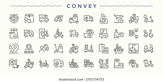 Transmitir conjunto de ícones. Coleção mínima de ícones. Traçado editável. Pixel perfeito. Conjunto de ícones de remessa. Pictogramas de expresso, pacote, transporte, entrega, correio e muito mais.