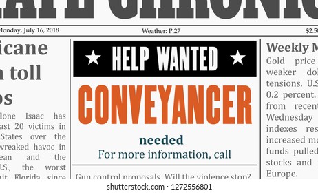 Conveyancer Job Offer. Newspaper Classified Ad In Fake Generic Newspaper.