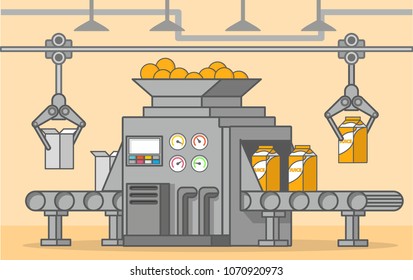 Conveyer Belt Of A Box Fruit Drink.Freshly Squeezed Orange Juice.Concept Of Design Industrial Automated Food Factory Machine.