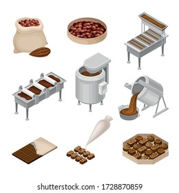 Conveyer Belt with Chocolate Sweets Rested on It and Cocoa Beans as Main Ingredient Vector Set