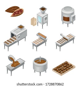 Conveyer Belt with Chocolate Sweets Rested on It and Cocoa Beans as Main Ingredient Vector Set