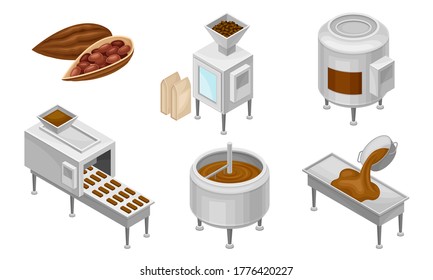 Conveyer Belt with Chocolate Sweets Rested on It and Cocoa Beans as Main Ingredient Vector Set