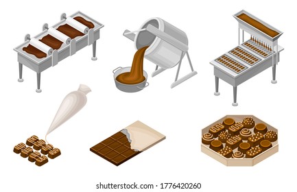 Conveyer Belt with Chocolate Sweets Rested on It and Cocoa Beans as Main Ingredient Vector Set