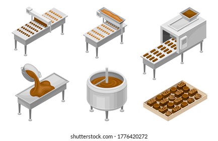 Conveyer Belt with Chocolate Sweets Rested on It and Cocoa Beans as Main Ingredient Vector Set