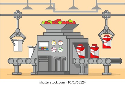 Conveyer belt factory of a box fruit drink.Production and bottling of apple juice.Food factory machine.Line art flat vector.
