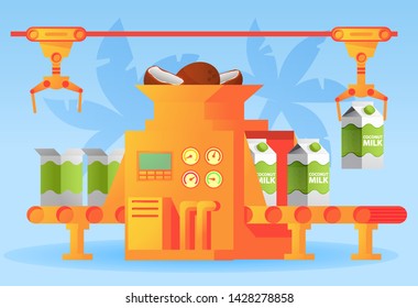 Conveyer belt factory coconut  milk vegan in package.Food machine.Flat vector illustration.Tropical palm trees on the background.Healthy food concept.Non dairy.