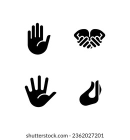 Conveying information by gestures black glyph icons set on white space. Communication system. Hand signs system. Silhouette symbols. Solid pictogram pack. Vector isolated illustration