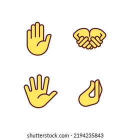 Conveying information by gestures pixel perfect RGB color icons set. Communication system. Hand positions. Isolated vector illustrations. Simple filled line drawings collection. Editable stroke