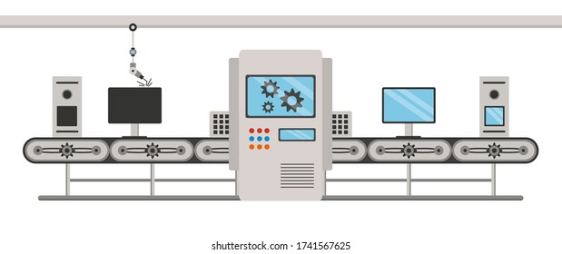 Conveyor assembly line in flat style. Automatic production of computer electronics concept. Industrial mass production conveyor. Vector illustration