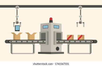 Conveyor assembly line in outline style. Automatic production line concept. Industrial mass production conveyor. Vector illustration
