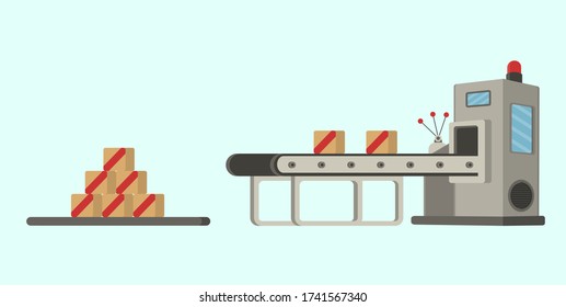 Transportar línea de ensamblado en estilo de contorno. Concepto de línea de producción automática. Transmisor de producción industrial en masa. Ilustración del vector

