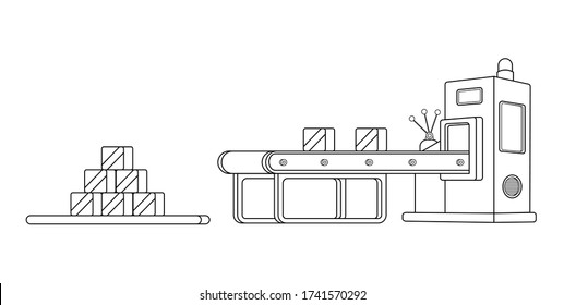 Conveyor assembly line in outline style. Automatic production line concept. Industrial mass production conveyor. Vector illustration