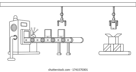 Conveyor assembly line in outline style. Automatic production line concept. Industrial mass production conveyor. Vector illustration