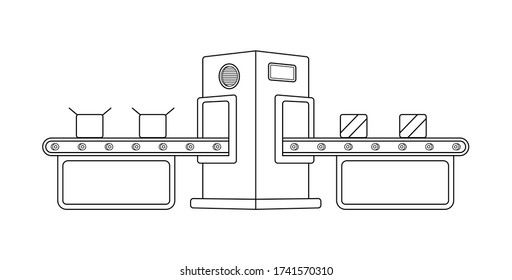 Transportar línea de ensamblado en estilo de contorno. Concepto de línea de producción automática. Transmisor de producción industrial en masa. Ilustración del vector