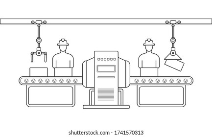 Conveyor assembly line in outline style. Automatic production line concept. Industrial mass production conveyor. Vector illustration
