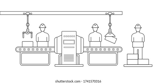 Conveyor assembly line in outline style. Automatic production line concept. Industrial mass production conveyor. Vector illustration