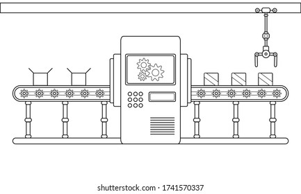 Conveyor Assembly Line In Outline Style. Automatic Production Line Concept. Industrial Mass Production Conveyor. Vector Illustration