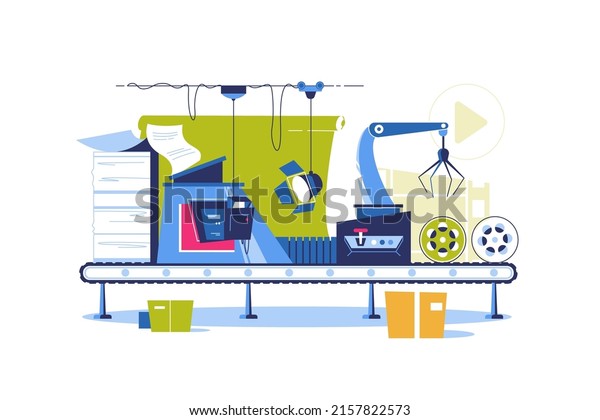 Conveyor\
automatic production line with cardboard boxes vector illustration.\
Industrial machine, engineering flat\
concept