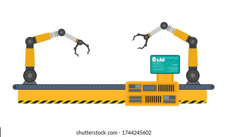 Transportar una línea de producción automática llena de manipuladores robóticos. Funcionamiento automático. Manipulador de robots industrial. Tecnología industrial moderna. Aparatos para fábricas. Aislado,vector