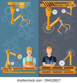 Conveyor banners automation of labor conveyor belt conveyor operator vector illustration 