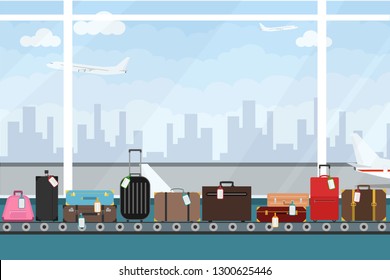 Conveyor belt in airport hall. Baggage claim. Airport conveyor belt with passenger luggage bags vector illustration. Airport baggage belt.