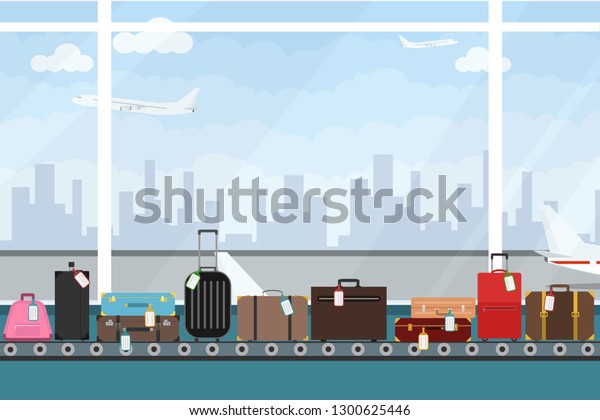 Conveyor belt in airport hall. Baggage claim.
Airport conveyor belt with passenger luggage bags vector
illustration. Airport baggage
belt.
